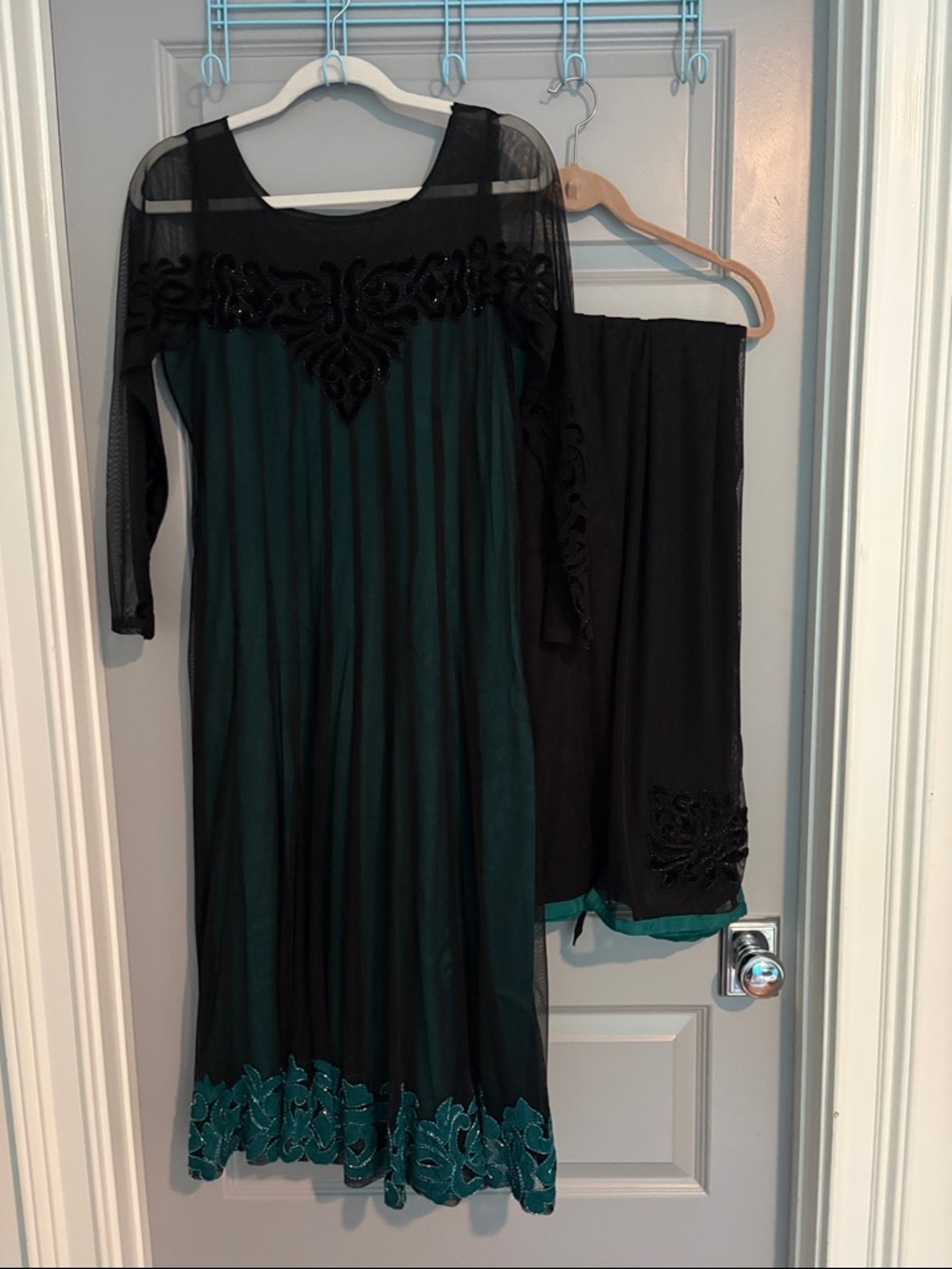 Sheer Black & Teal Shalwar Kameez with dupatta